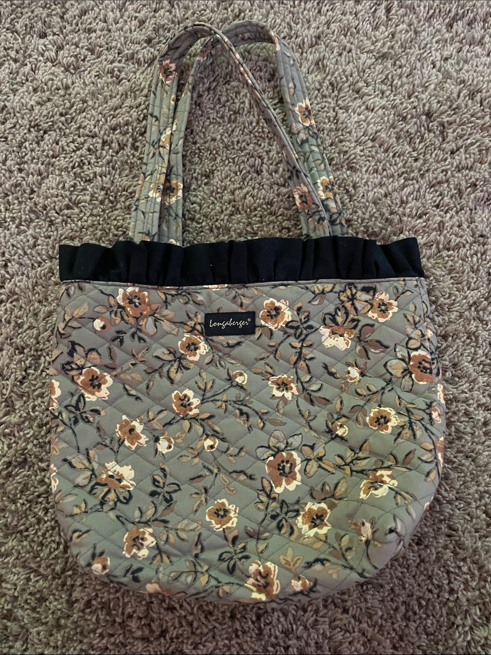 Longaberger Quilted Floral Tote in Sage Green and Tan